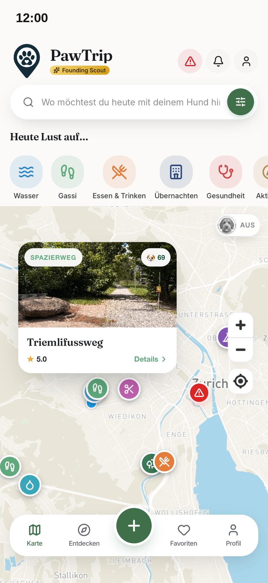 PawTrip Karte mit Ort-Popup, DogScore und Kategorie-Auswahl