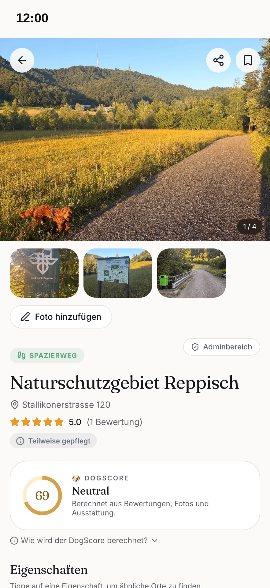 PawTrip Ortsdetail mit Foto, Bewertung und DogScore