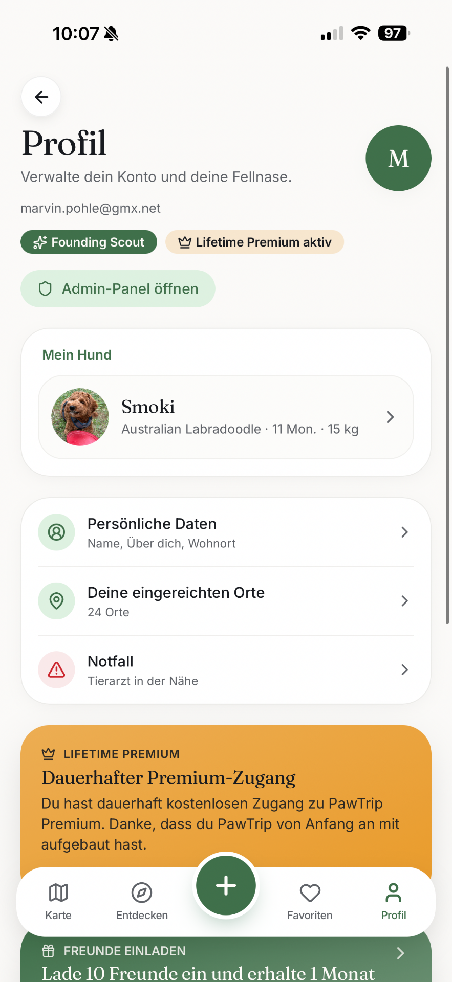 Profilansicht in PawTrip mit Hundeprofil